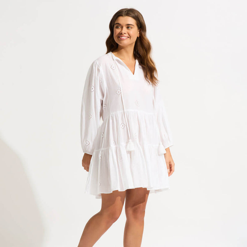 Seafolly Embroidery Tier Mini Dress Mini Dress Cover Up in White Island Trends Seafolly Embroidery Tier Mini Dress Mini Dress Cover Up in White Island Trends