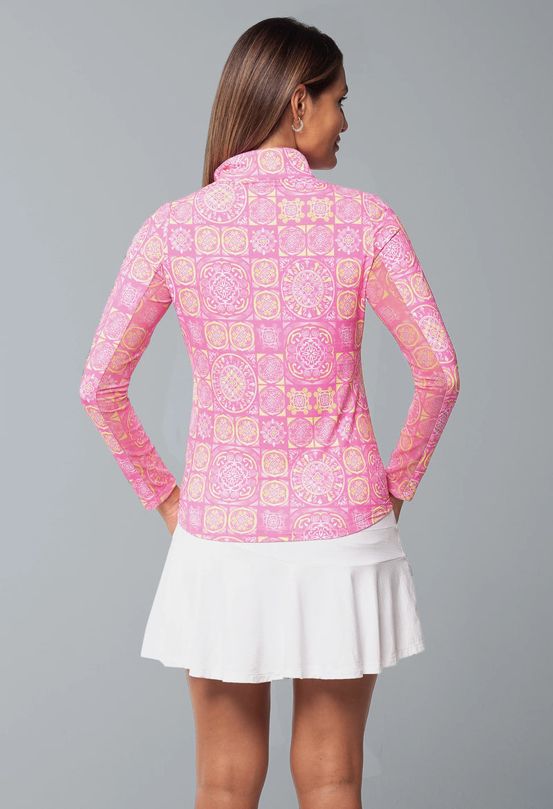 IBKUL Women's Collette Print Long Sleeve Mock Neck Top - Hot Pink/Yellow