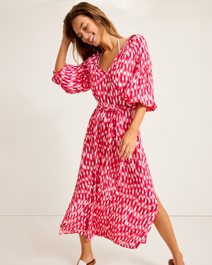 Tommy Bahama Womens Ikat Stripe Midi Dress Coverup - Red Hibiscus