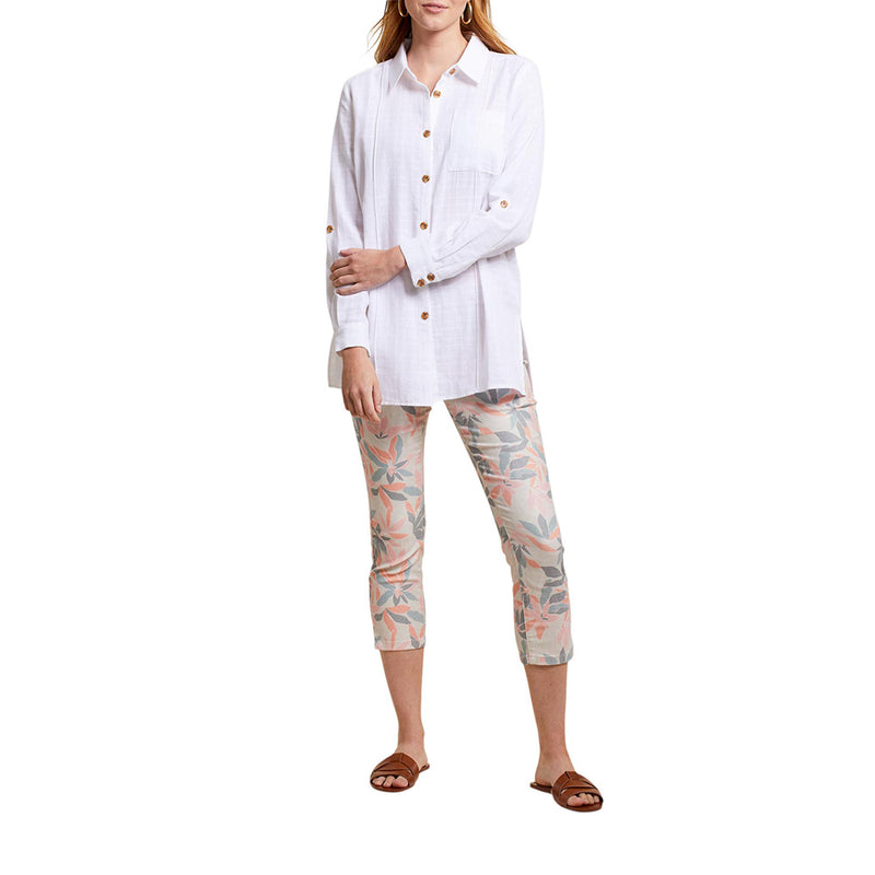Tribal Rolled Long Sleeve Tunic With High Slits - White