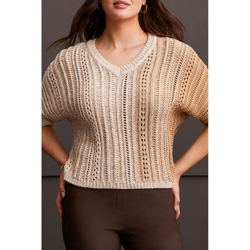 Tribal Dolman Elbow Sleeve Sweater - H Tan