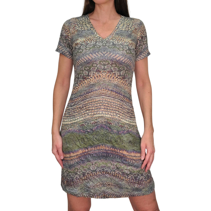 David Cline Astrid Short Sleeve V-Neck Dress with Stone - Lizard