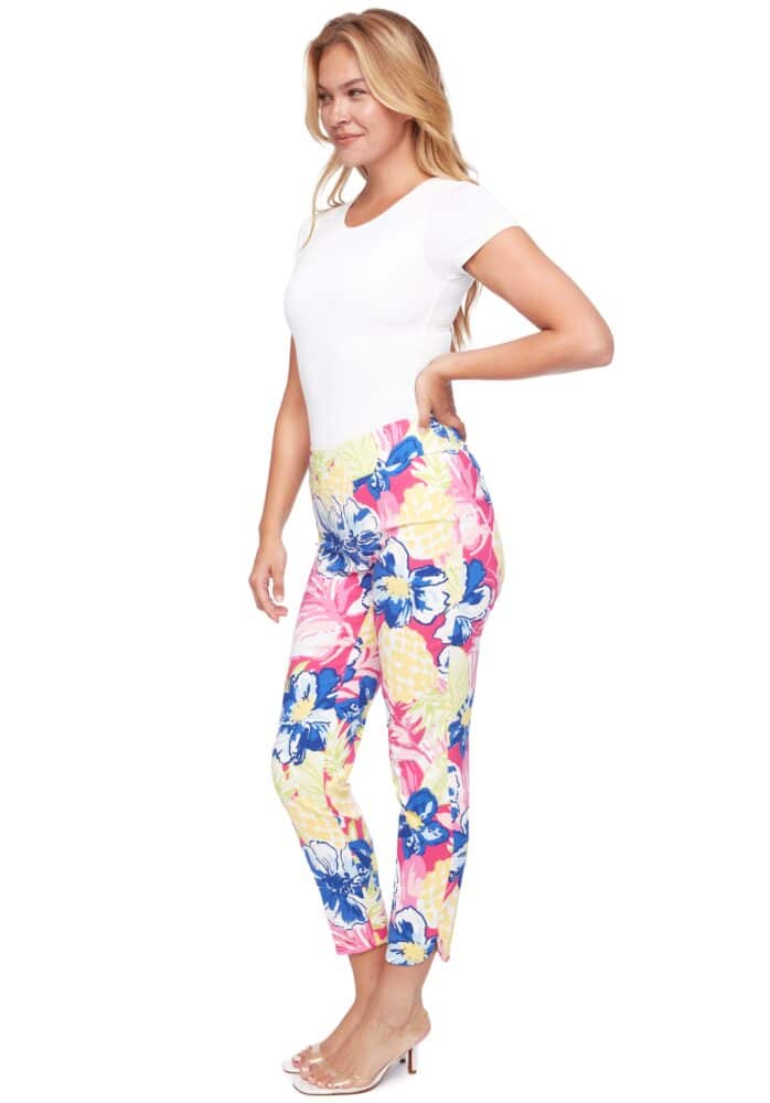 UP! Maui Petal-Slit Techno Ankle Pant - Multi-Colored Floral Maui Print