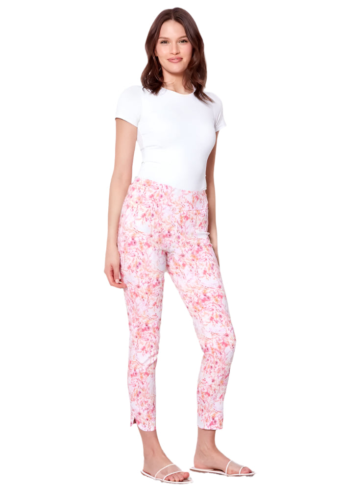 UP! Ginger Petal-Slit Techno Ankle Pant - White Floral Ginger Print
