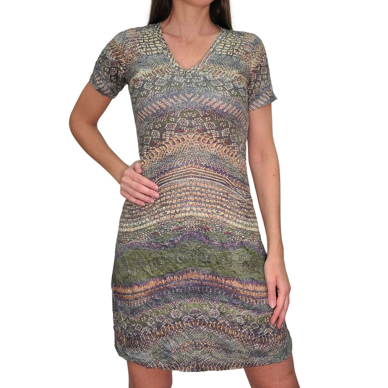 David Cline Astrid Short Sleeve V-Neck Dress with Stone - Lizard