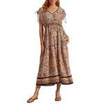 Tribal Border Print Maxi Dress With Shoulder Tie - Caramel