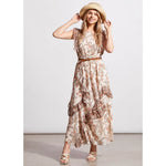 Tribal Lined Maxi Dress With Multi Frill Dtl - Cashew