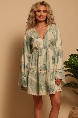 Shore Birdie Bell Sleeve Dress - Palm Stitchwork