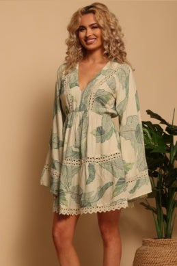 Shore Birdie Bell Sleeve Dress - Palm Stitchwork