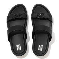FitFlop Fino Sleek Floral Slide Sandals - All Black