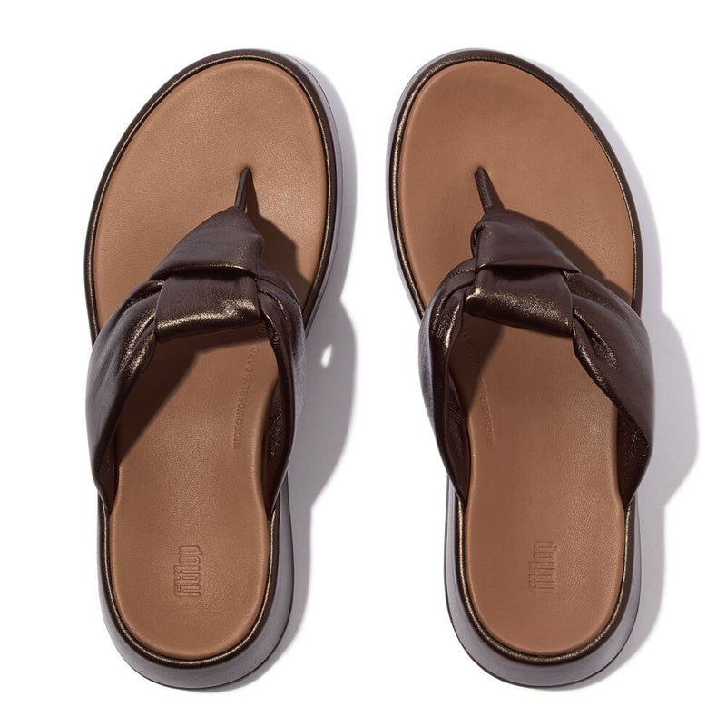 FitFlop F-Mode Knot Soft Leather Toe Post Flatform Sandals - Metallic Chocolate Brown