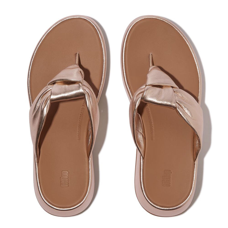 FitFlop F-Mode Knot Soft Leather Toe Post Flatform Sandals - Metallic Classic Beige