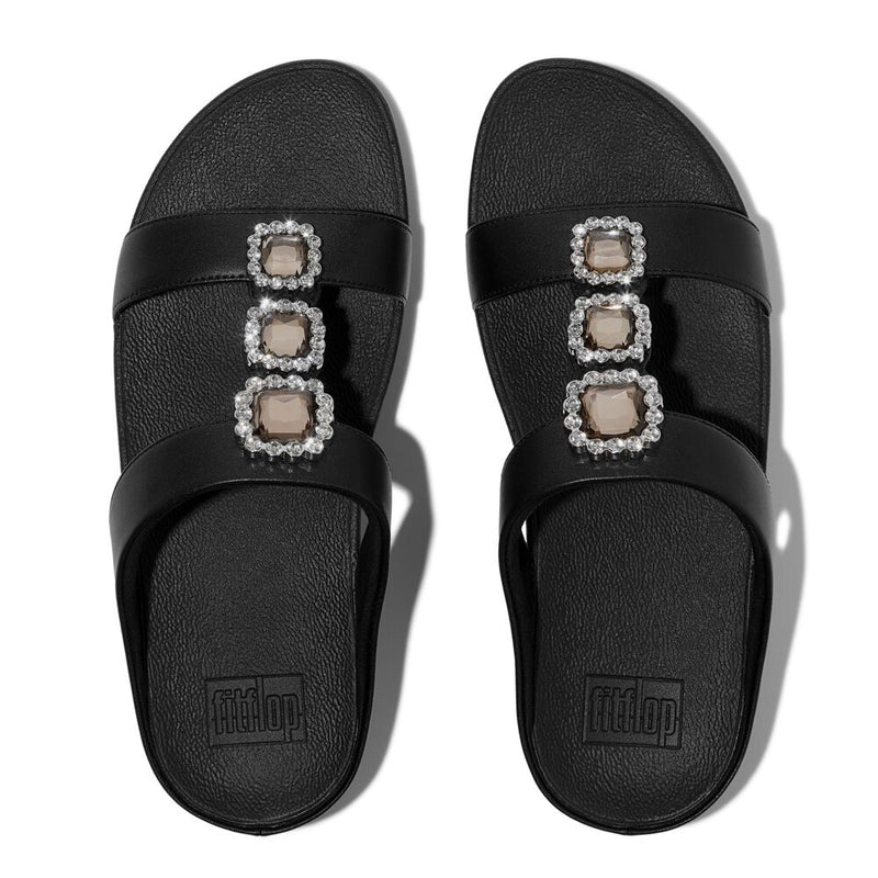 FitFlop Fino Crystal Jewel H-Bar Slide Sandals - All Black