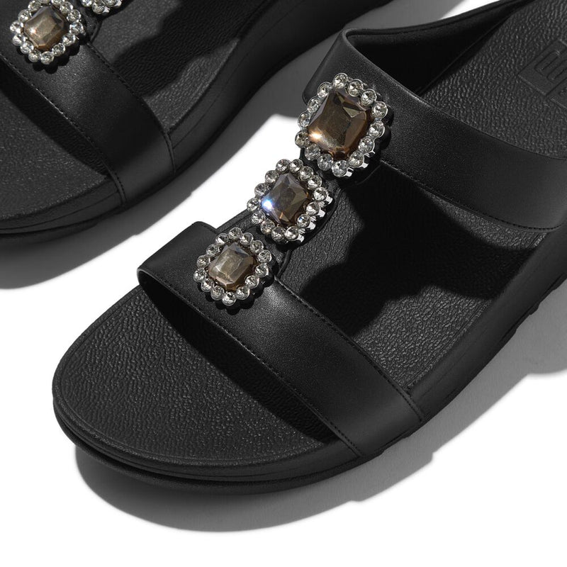 FitFlop Fino Crystal Jewel H-Bar Slide Sandals - All Black