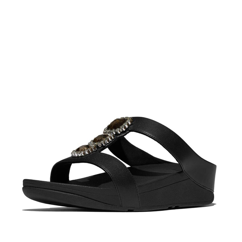 FitFlop Fino Crystal Jewel H-Bar Slide Sandals - All Black