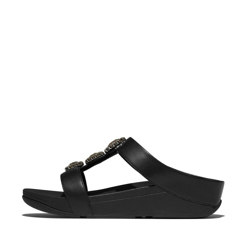 FitFlop Fino Crystal Jewel H-Bar Slide Sandals - All Black