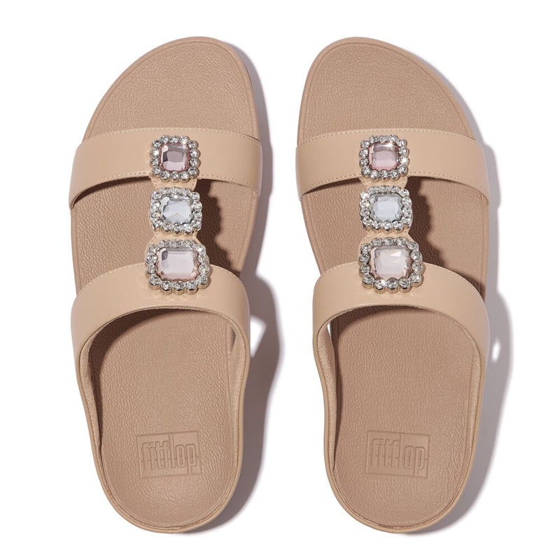 FitFlop Fino Crystal Jewel H-Bar Slide Sandals - Classic Beige