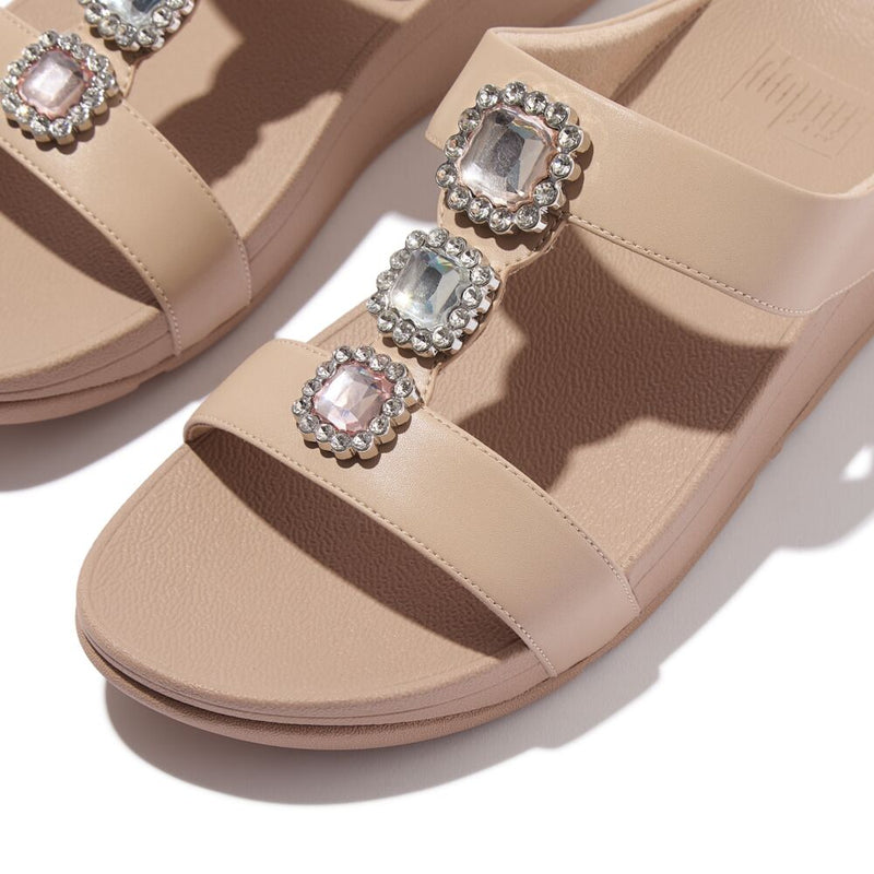FitFlop Fino Crystal Jewel H-Bar Slide Sandals - Classic Beige