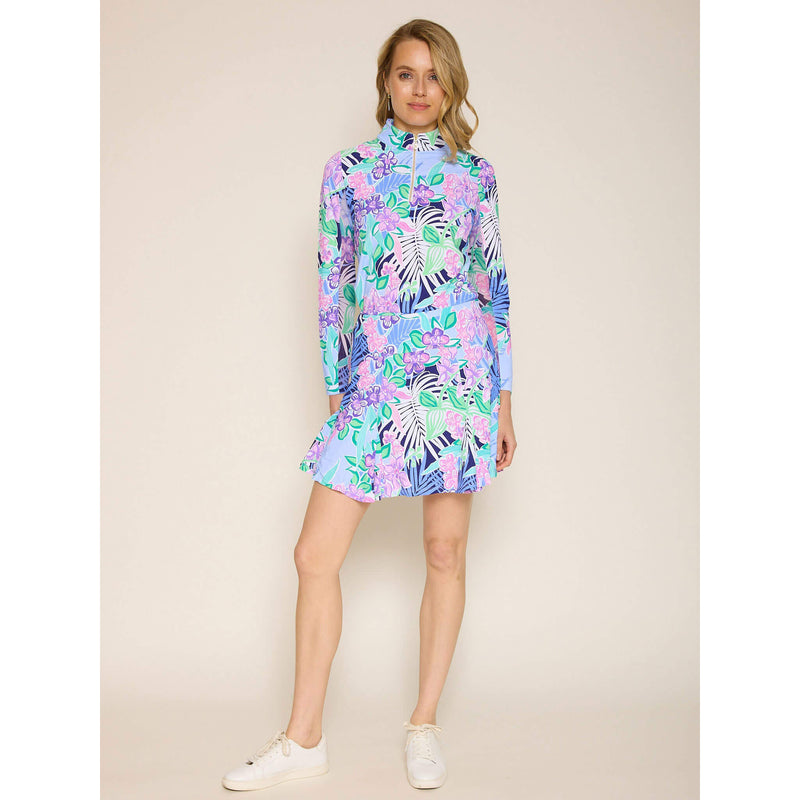 G Lifestyle Long Sleeve Print Zip Mock Neck Top - Island Navy