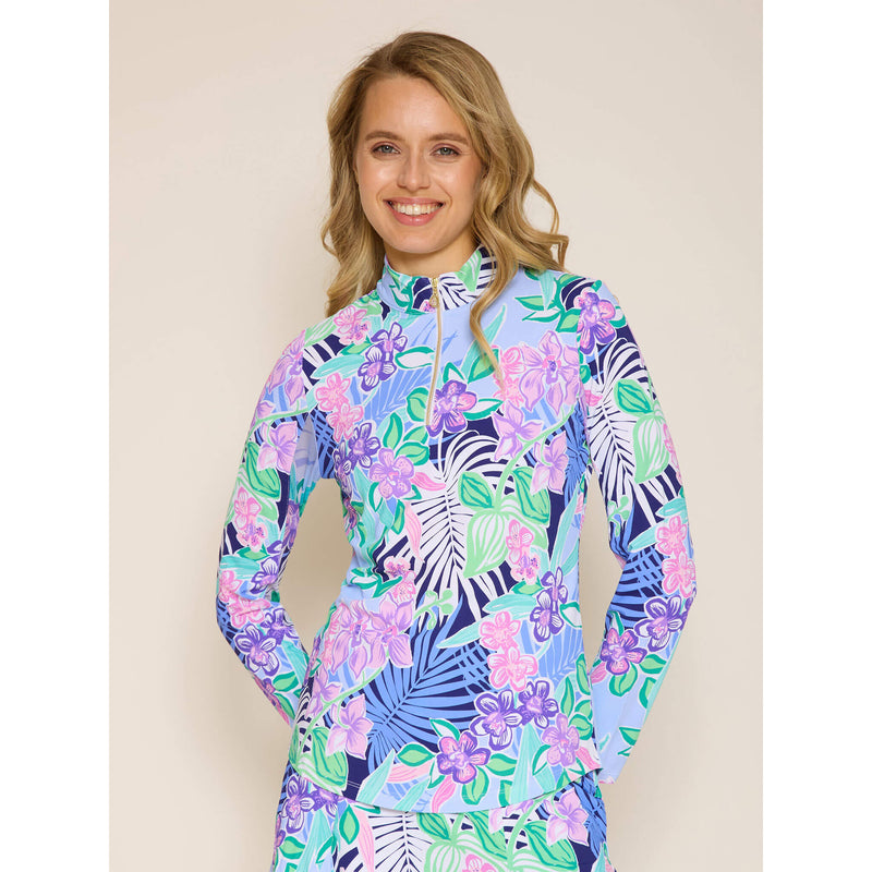 G Lifestyle Long Sleeve Print Zip Mock Neck Top - Island Navy