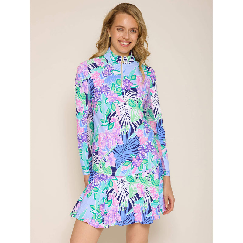 G Lifestyle Long Sleeve Print Zip Mock Neck Top - Island Navy