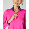 G Lifestyle Solid Long Sleeve Collar Block Zip Mock Neck Top - Hot Pink/Lt.Pink