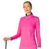 G Lifestyle Solid Long Sleeve Collar Block Zip Mock Neck Top - Hot Pink/Lt.Pink