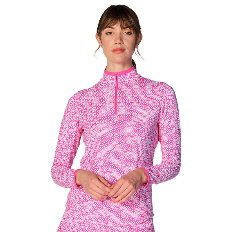 G Lifestyle Cubic Long Sleeve Collar Block Zip Mock Neck Top - Hot Pink/Hot Pink