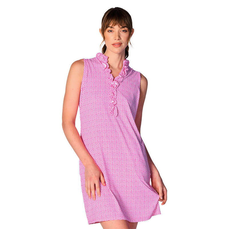 G Lifestyle Cubic Sleeveless Double Ruffle Dress - Hot Pink