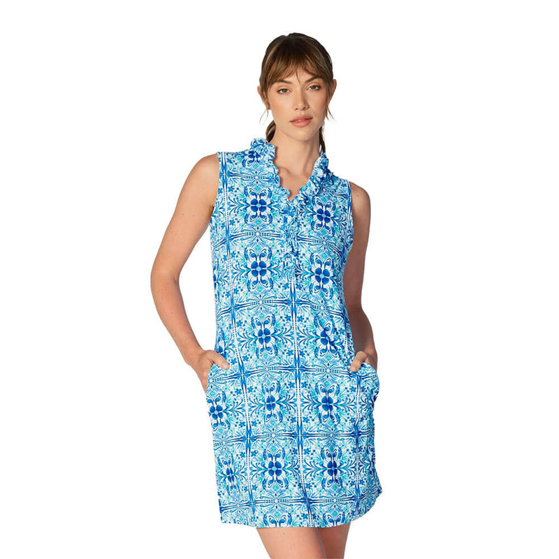 G Lifestyle Tile Sleeveless Double Ruffle Dress - Blue