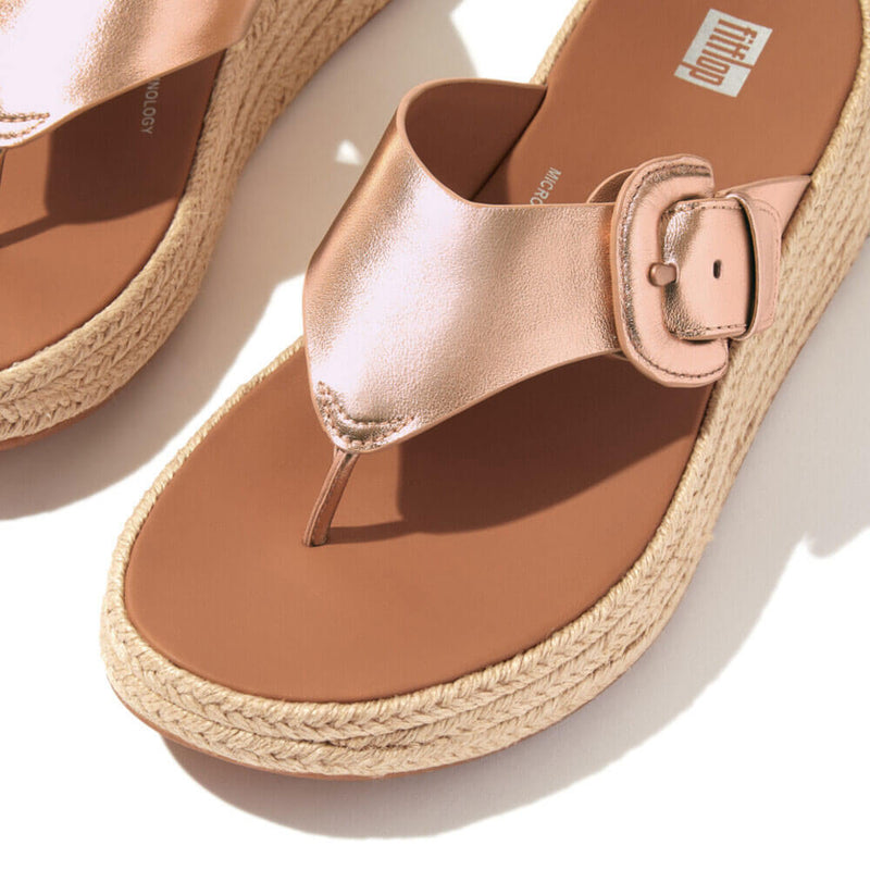 FitFlop F-Mode Espadrille Adj. Leather Flatform Toe-Thongs Sandals - Rose Gold