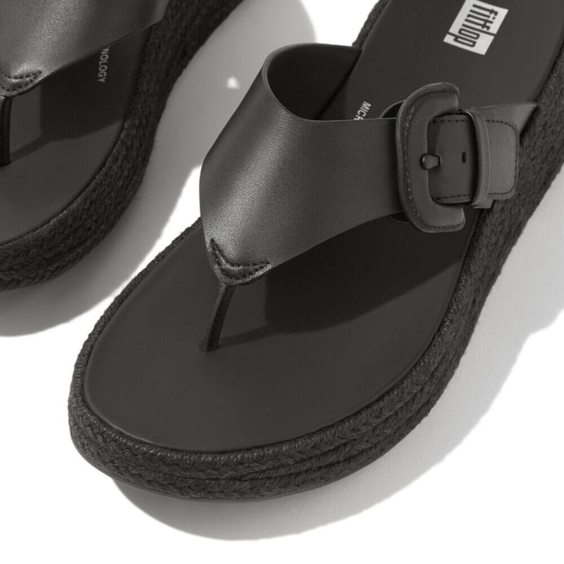 FitFlop F-Mode Espadrille Adj. Leather Flatform Toe-Thongs Sandals - Black