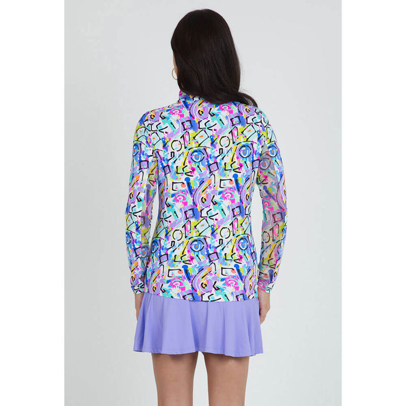 IBKUL Calli Print Long Sleeve Mock Neck Top - Turquoise Multi