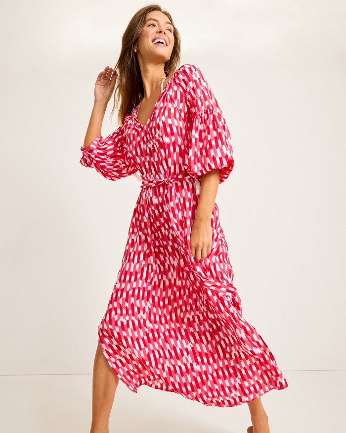 Tommy Bahama Womens Ikat Stripe Midi Dress Coverup - Red Hibiscus