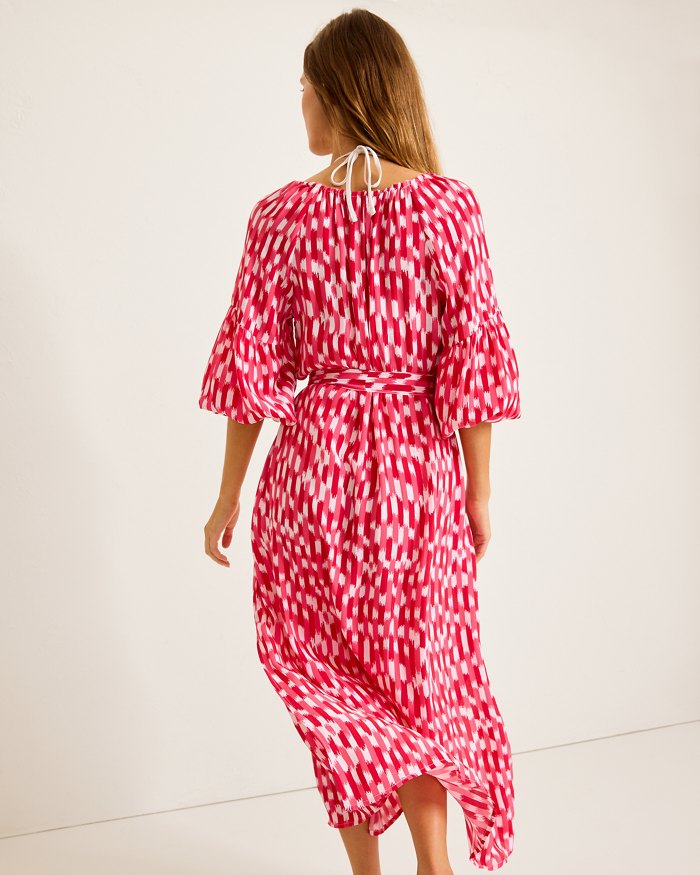 Tommy Bahama Womens Ikat Stripe Midi Dress Coverup - Red Hibiscus