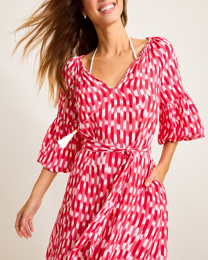 Tommy Bahama Womens Ikat Stripe Midi Dress Coverup - Red Hibiscus
