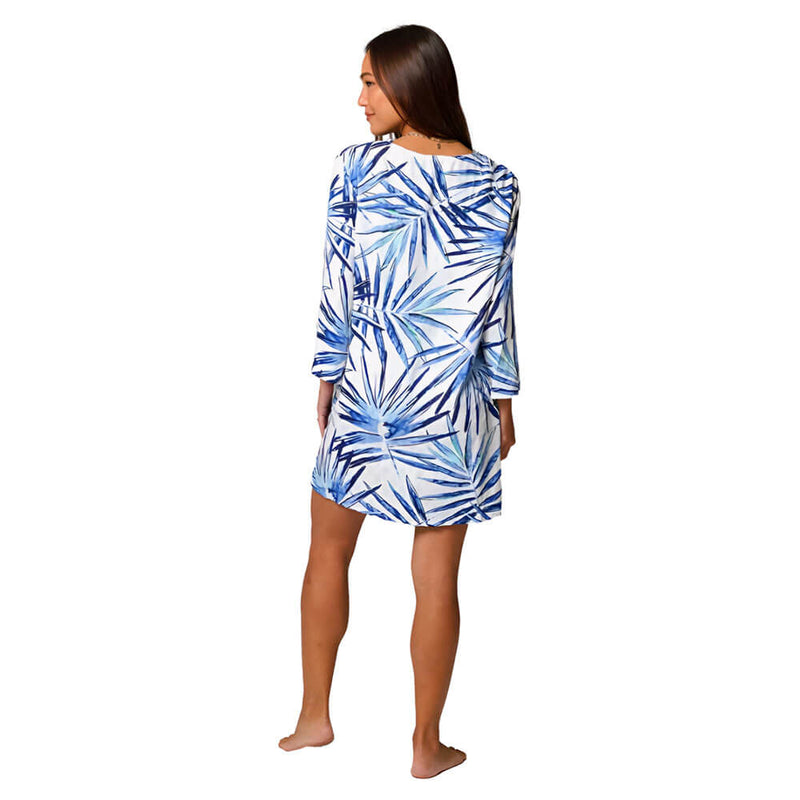 J Valdi Palm Lace Neck Tunic Coverup - Blue White