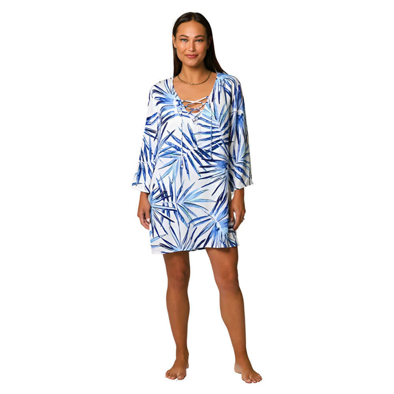 J Valdi Palm Lace Neck Tunic Coverup - Blue White