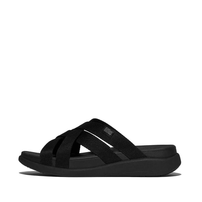 F-Mode Go Webbing Flatform Strappy Slides Sandals - All Black