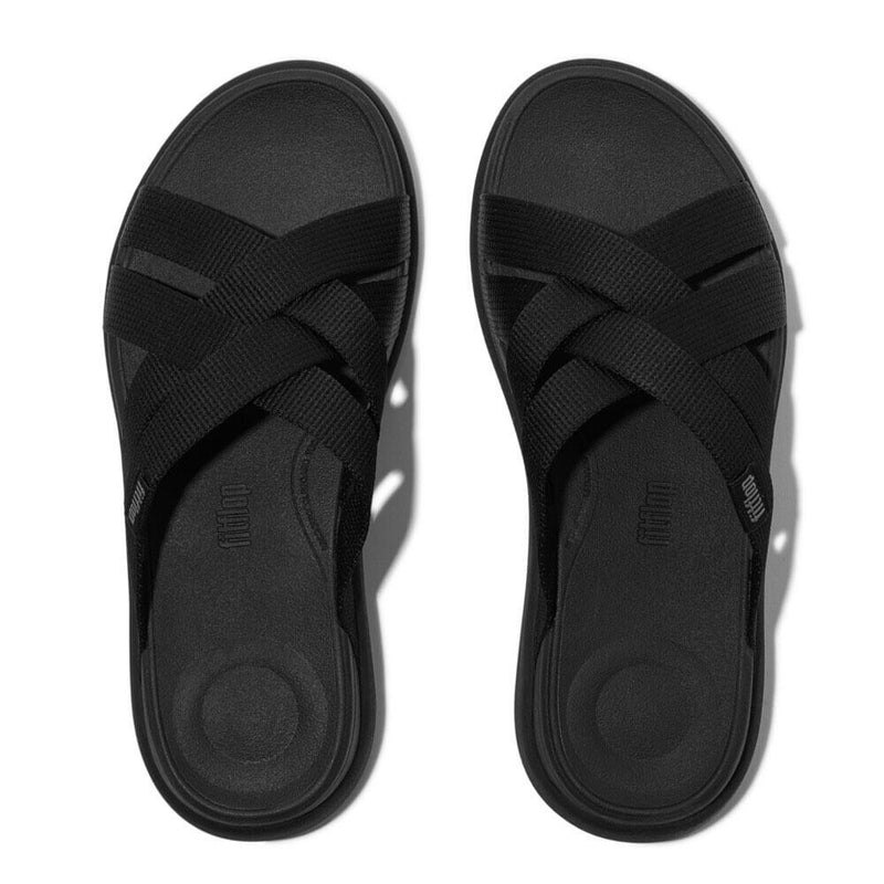 F-Mode Go Webbing Flatform Strappy Slides Sandals - All Black