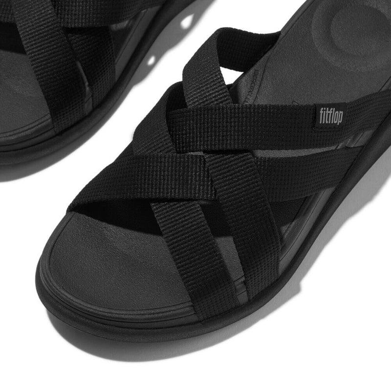 F-Mode Go Webbing Flatform Strappy Slides Sandals - All Black