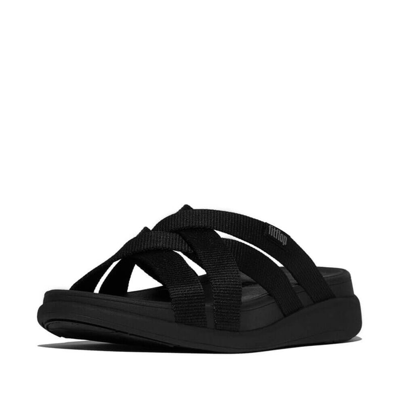 F-Mode Go Webbing Flatform Strappy Slides Sandals - All Black