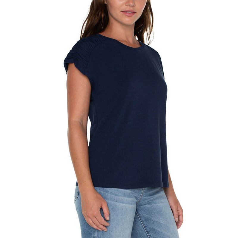 Liverpool Smocked Shoulder Scoop Neck Raglan Knit Top - Dark Navy