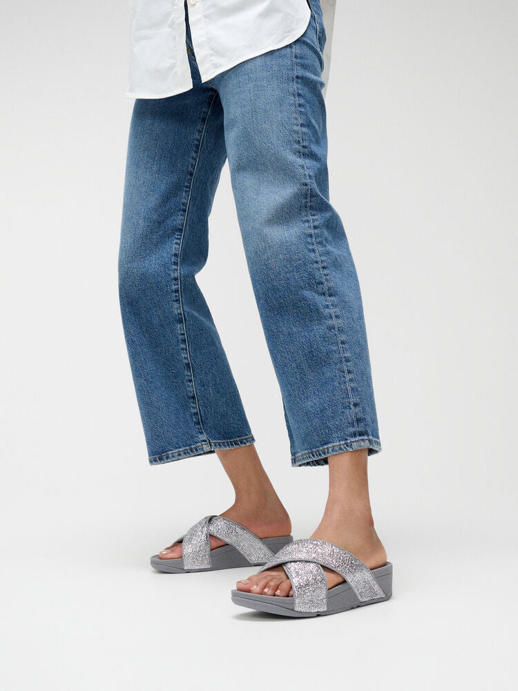 FitFlop Lulu Crinkled Shimmer Cross Slides Sandals - Silvereen