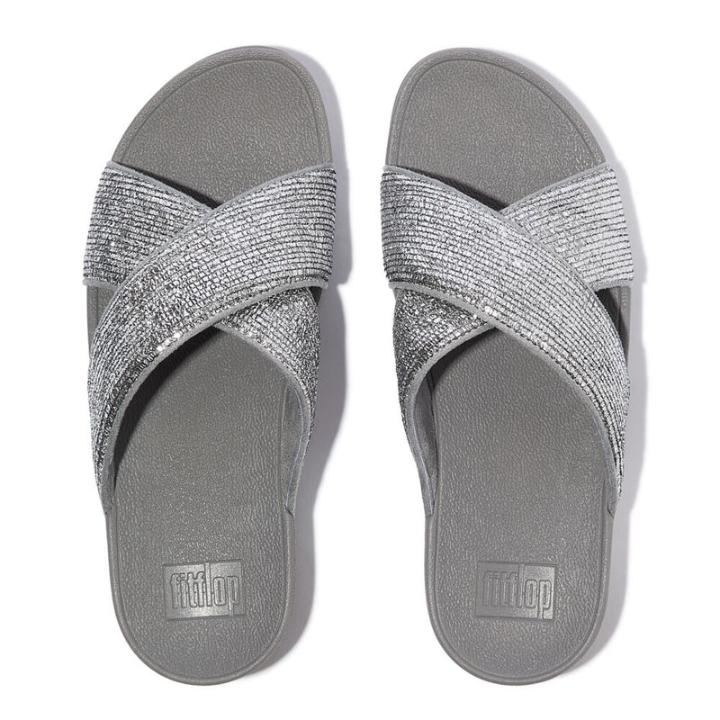 FitFlop Lulu Crinkled Shimmer Cross Slides Sandals - Silvereen