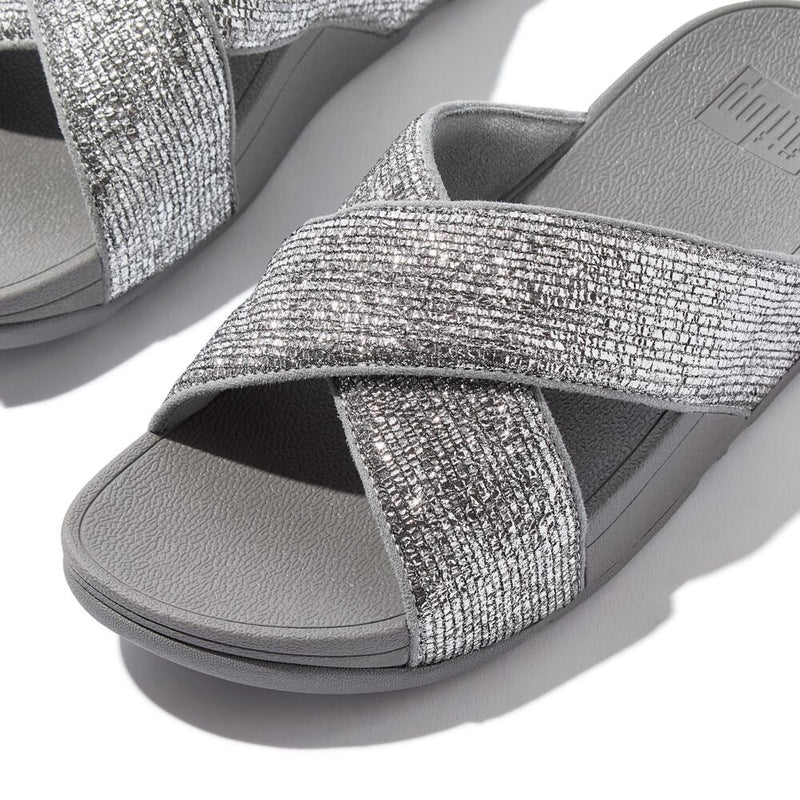 FitFlop Lulu Crinkled Shimmer Cross Slides Sandals - Silvereen