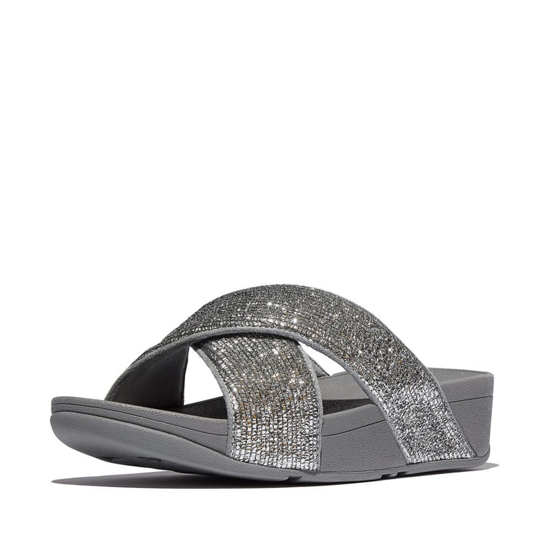 FitFlop Lulu Crinkled Shimmer Cross Slides Sandals - Silvereen