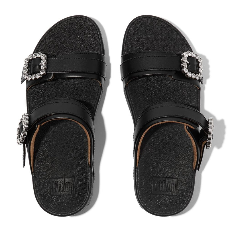 FitFlop Lulu Crystal Buckle Leather Slide Sandals - All Black