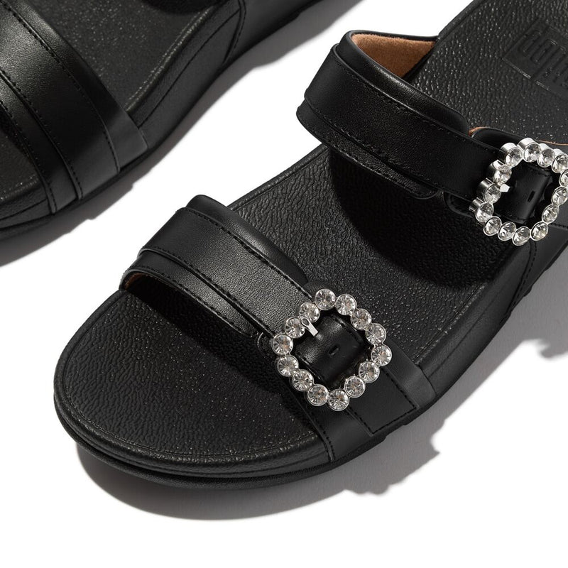 FitFlop Lulu Crystal Buckle Leather Slide Sandals - All Black