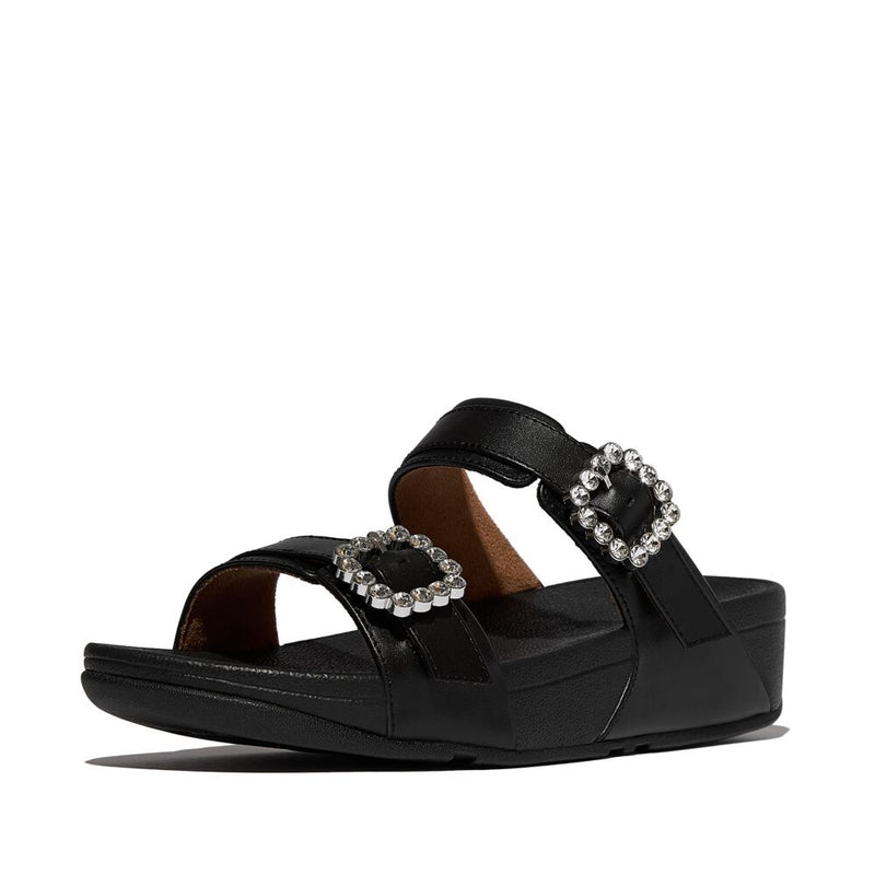 FitFlop Lulu Crystal Buckle Leather Slide Sandals - All Black